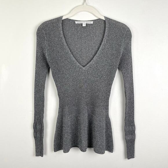 Veronica Beard Esmeralda Metallic Sweater Silver V-Neck Ribbed Knit Peplum Gray - Picture 4 of 16